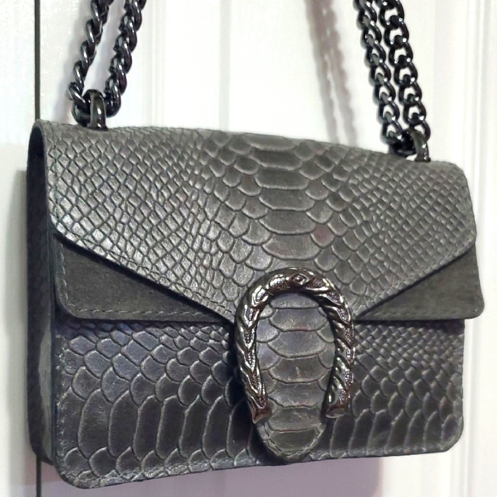 🇮🇹Borse In Pelle Gray Genuine Leather Snake-Embossed Shoulder/Crossbody Bag - Picture 4 of 16